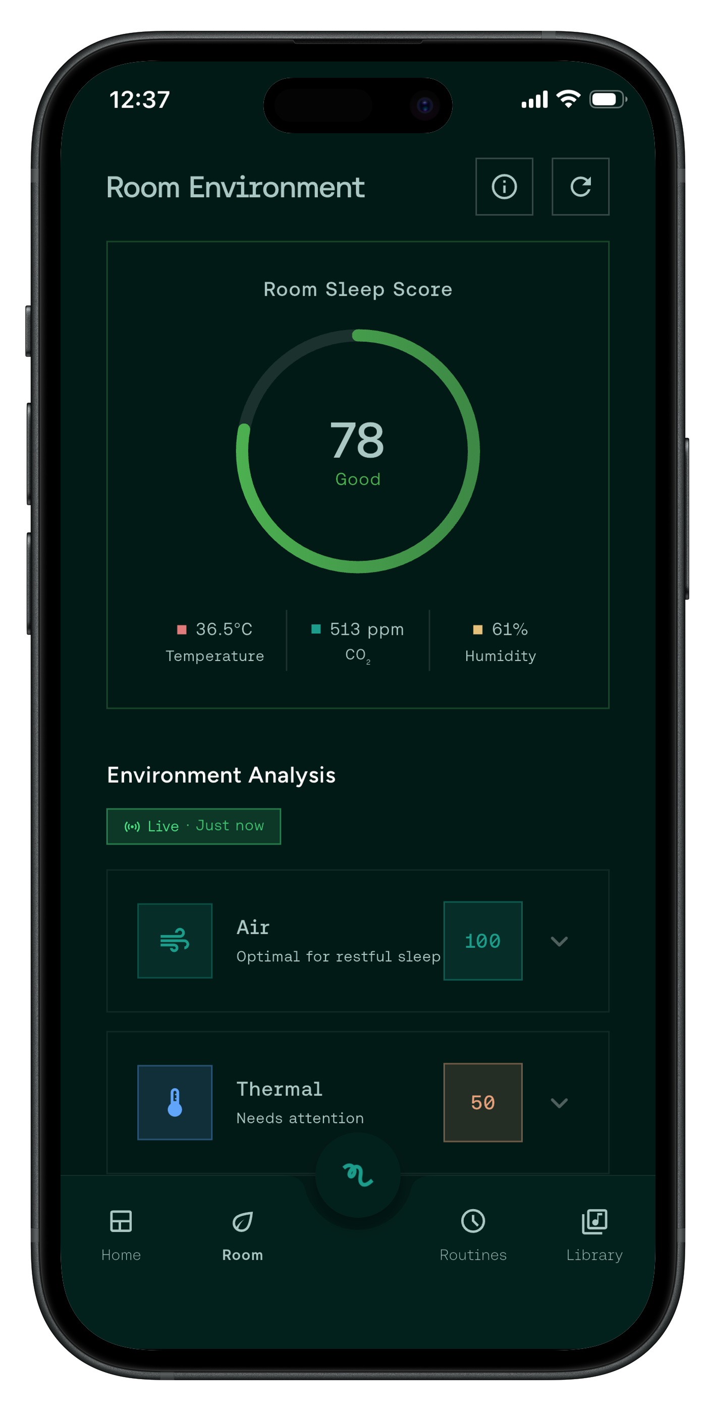 The Naptick app — Room Environment screen showing a sleep score of 78